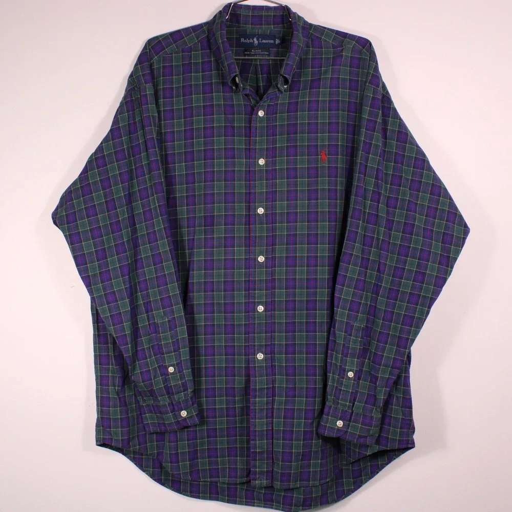 Vintage 90s Ralph Lauren Blake Shirts Mens L Green Purple Checker 2 Ply Red Logo